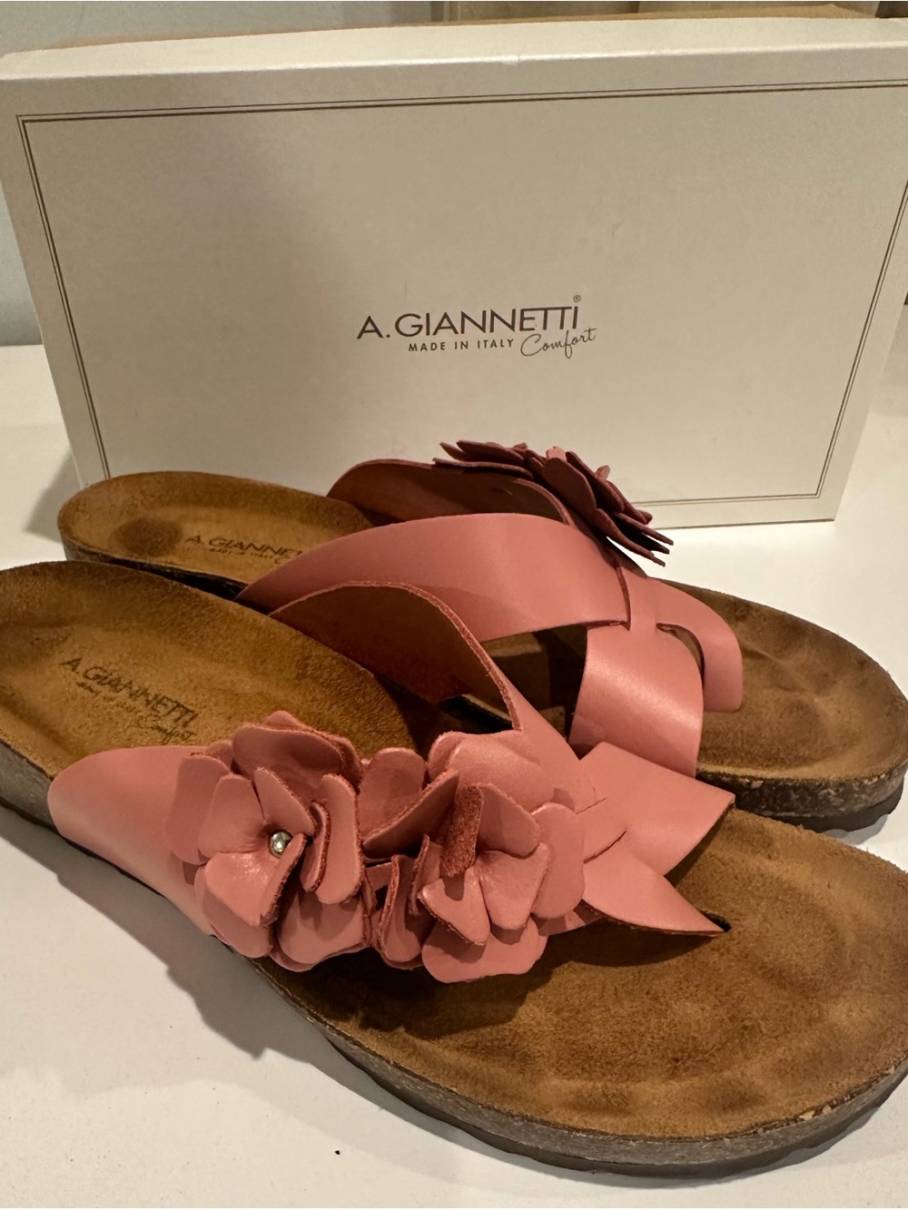 A. Giannetti Rose Pink Leather Floral Cross-Strap Slide Sandals